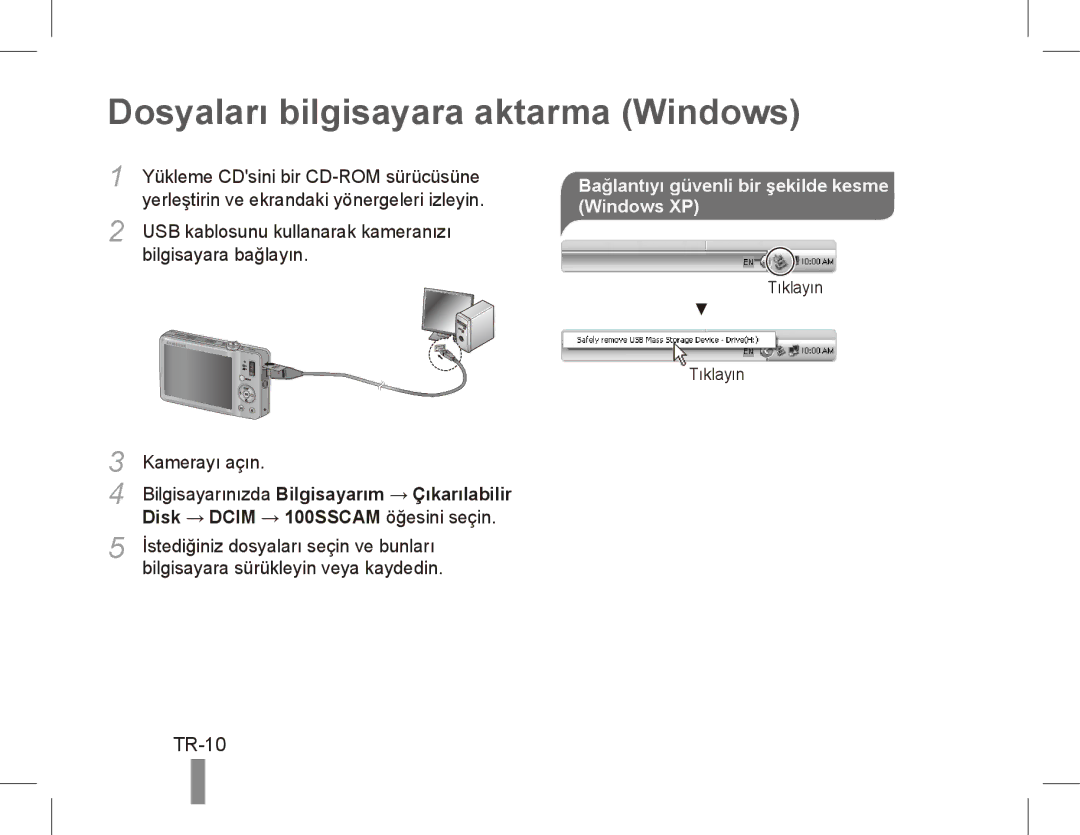 Samsung ST50 Dosyaları bilgisayara aktarma Windows, TR-10, Bağlantıyı güvenli bir şekilde kesme Windows XP 