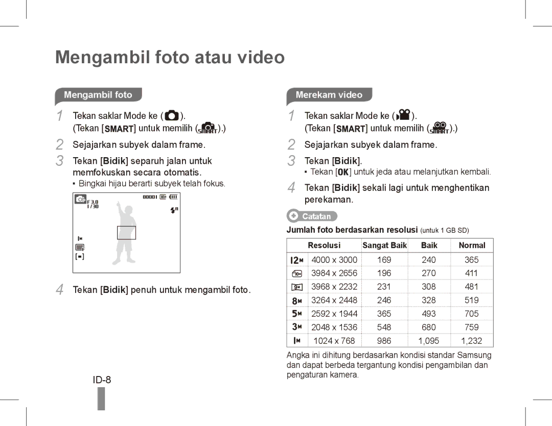 Samsung ST50 quick start manual Mengambil foto atau video, ID-8, Merekam video 