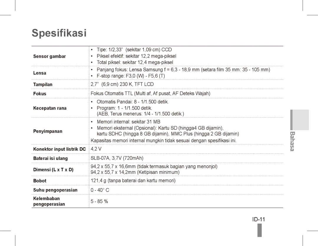 Samsung ST50 quick start manual Spesifikasi, ID-11 