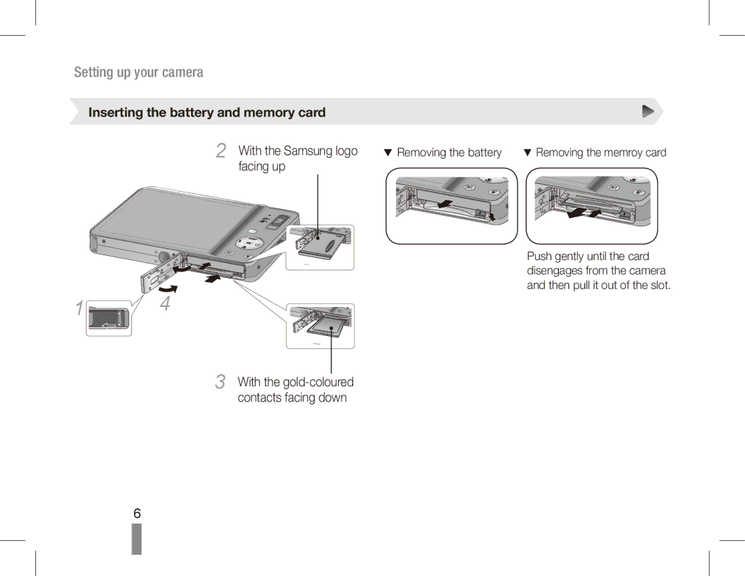 Samsung ST50 quick start manual Inserting the battery and memory card, With the Samsung logo, Facing up 