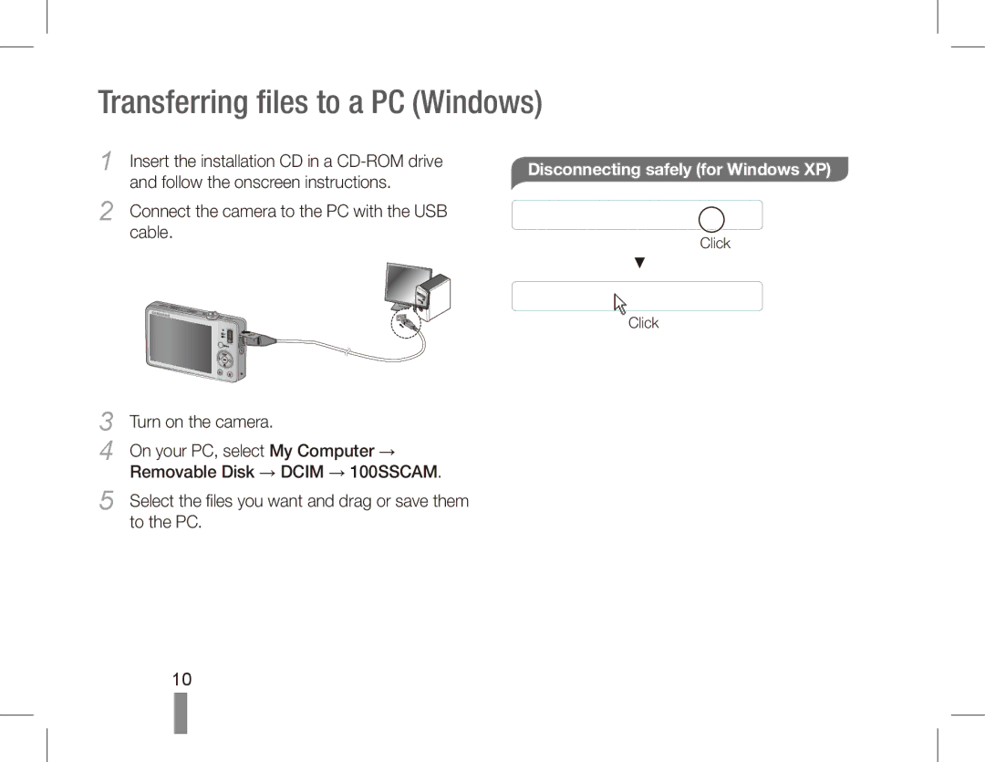 Samsung ST50 quick start manual Transferring files to a PC Windows, Disconnecting safely for Windows XP 