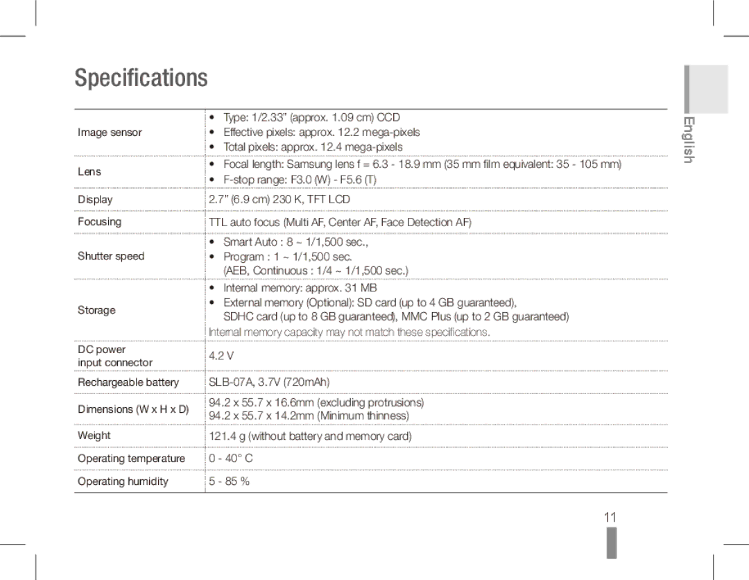 Samsung ST50 quick start manual Specifications 