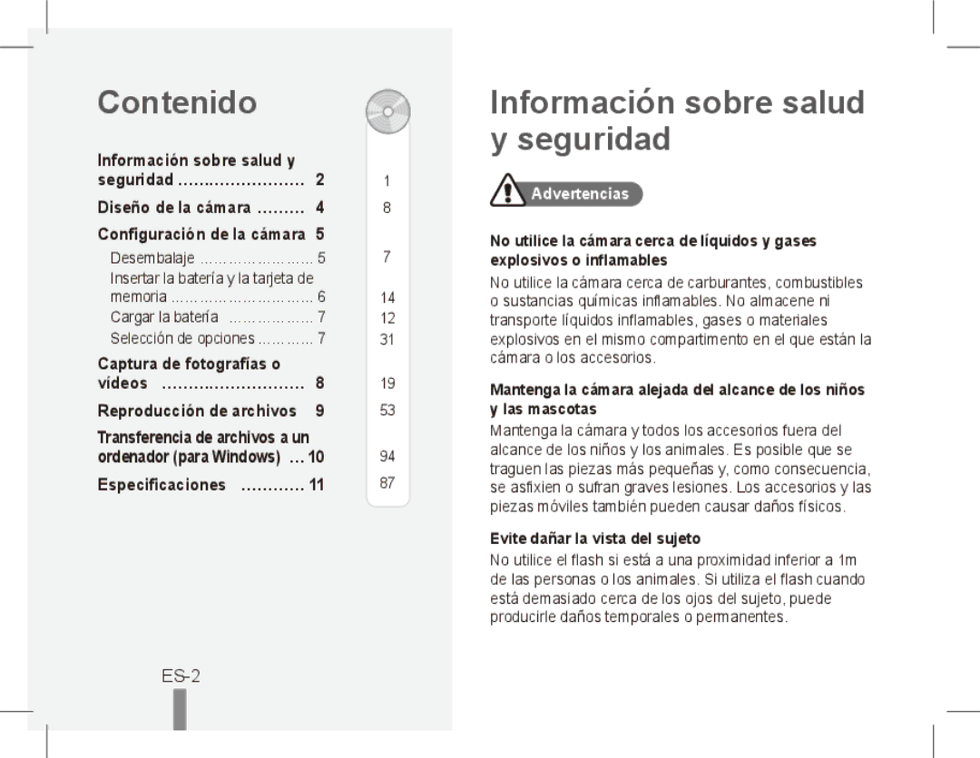 Samsung ST50 quick start manual Contenido, Información sobre salud y seguridad, ES-2, Especificaciones… …………, Advertencias 