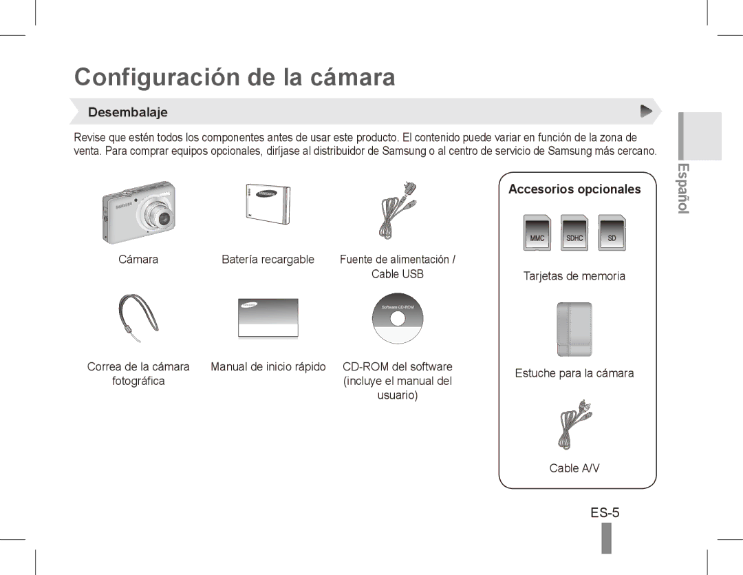 Samsung ST50 quick start manual Configuración de la cámara, ES-5, Desembalaje, Accesorios opcionales 