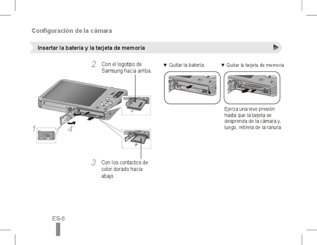 Samsung ST50 ES-6, Insertar la batería y la tarjeta de memoria, Con el logotipo de, Samsung hacia arriba, Abajo 