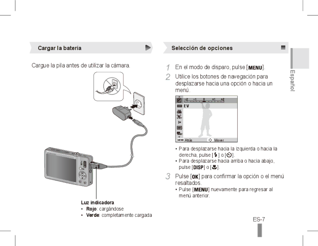 Samsung ST50 quick start manual ES-7, Cargar la batería Selección de opciones, Resaltados, Luz indicadora 