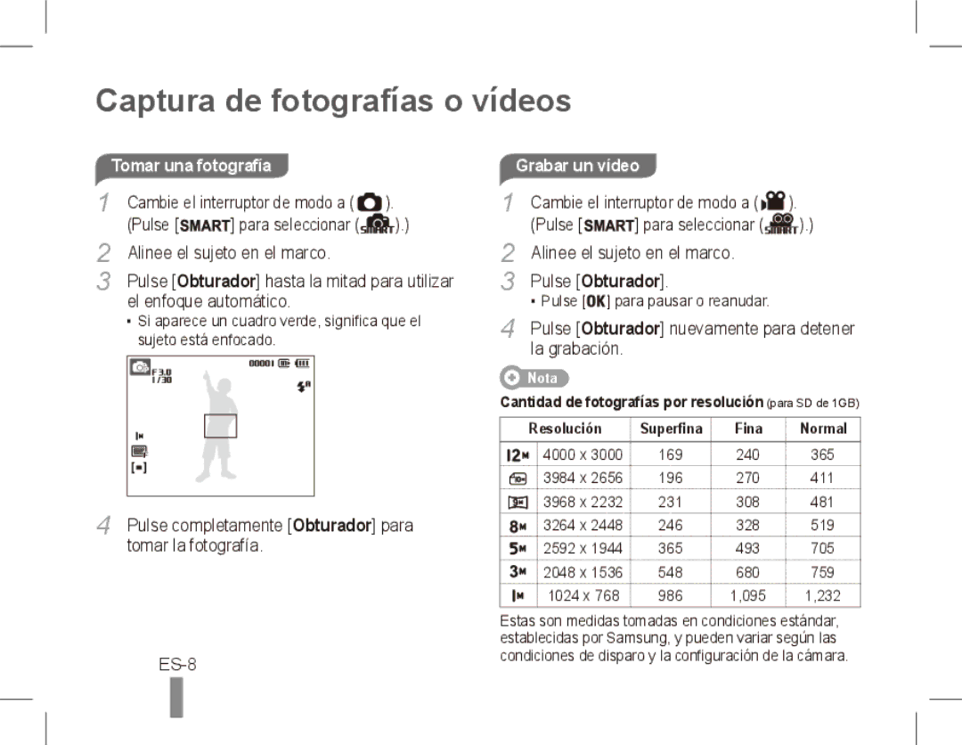 Samsung ST50 quick start manual Captura de fotografías o vídeos, ES-8, Grabar un vídeo 