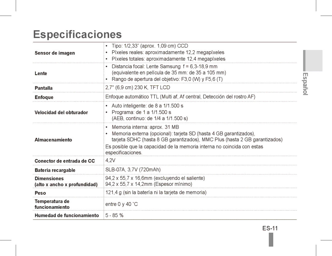 Samsung ST50 quick start manual Especificaciones, ES-11, Batería recargable Dimensiones, Peso 