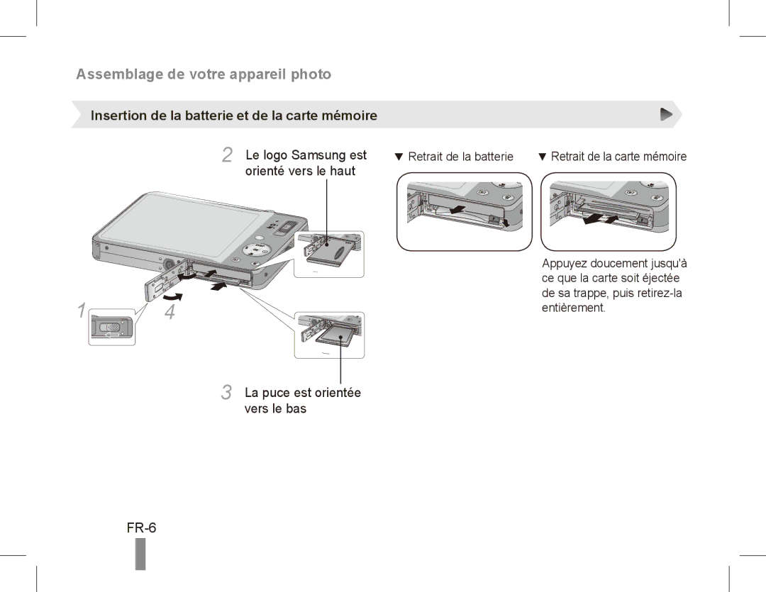 Samsung ST50 quick start manual FR-6, Insertion de la batterie et de la carte mémoire 