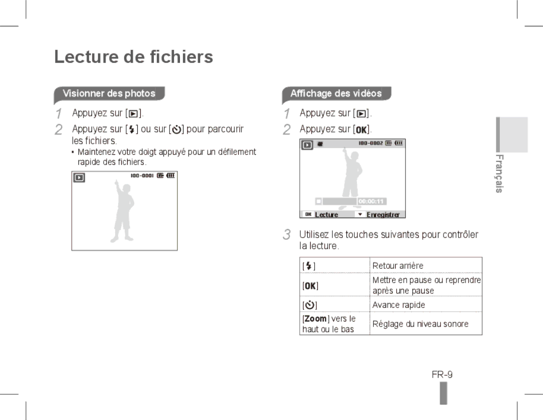 Samsung ST50 quick start manual Lecture de fichiers, FR-9, Appuyez sur Ou sur pour parcourir Les fichiers, La lecture 