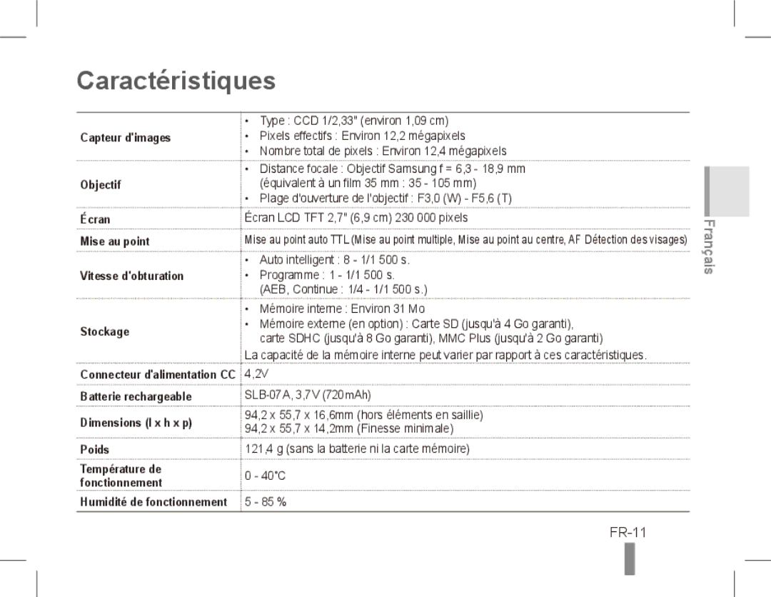 Samsung ST50 quick start manual Caractéristiques, FR-11 