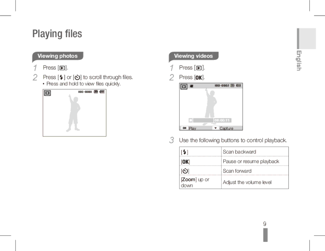 Samsung ST50 Playing files, Viewing photos, Viewing videos, Use the following buttons to control playback 