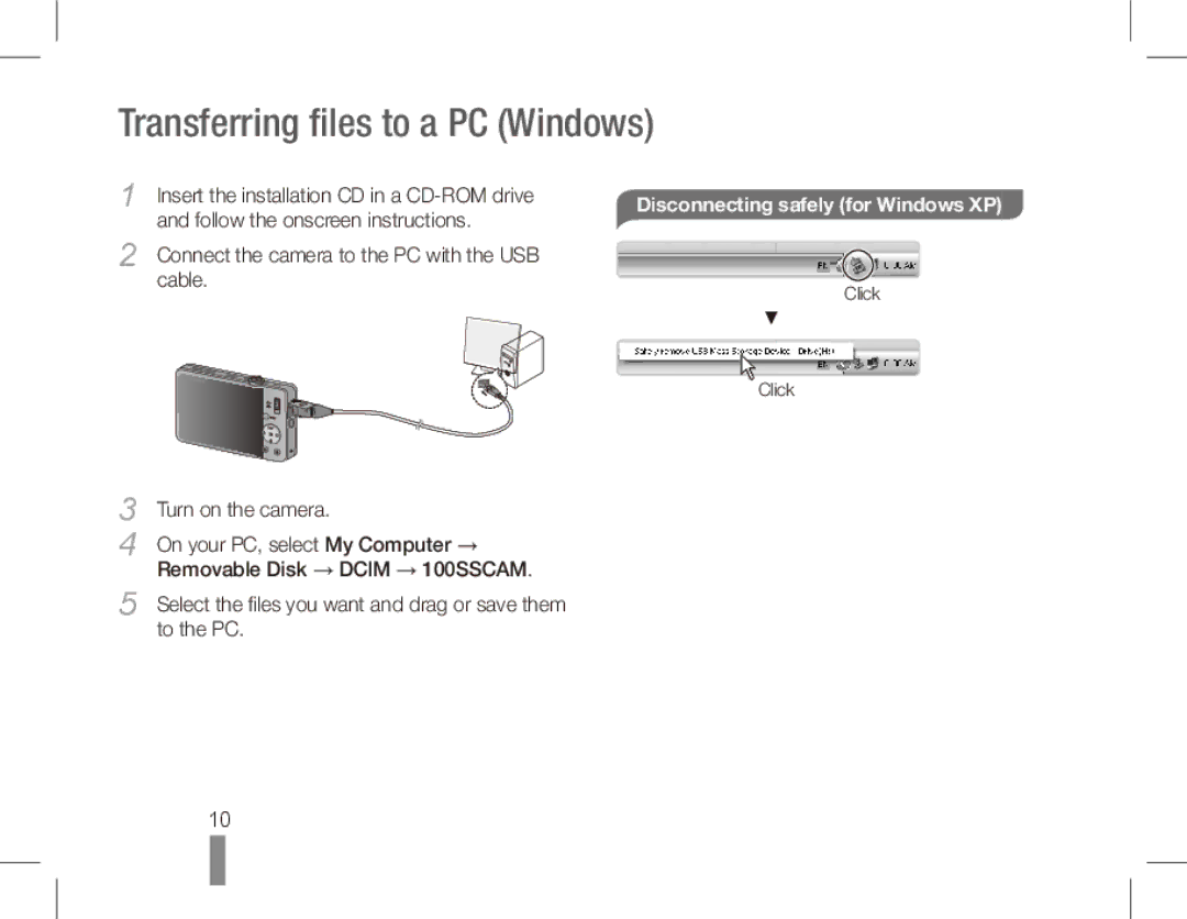 Samsung ST50 quick start manual Disconnecting safely for Windows XP, Connect the camera to the PC with the USB Cable 