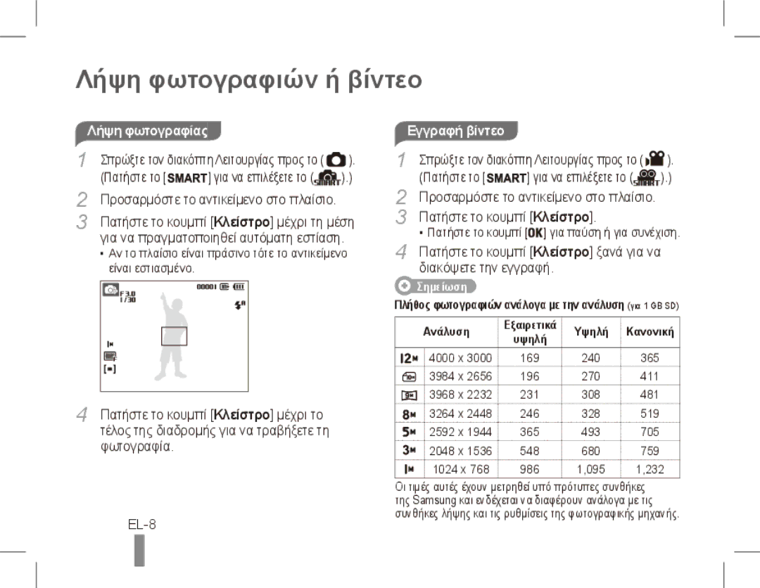 Samsung ST50 quick start manual Λήψη φωτογραφιών ή βίντεο, EL-8, Λήψη φωτογραφίας, Εγγραφή βίντεο 