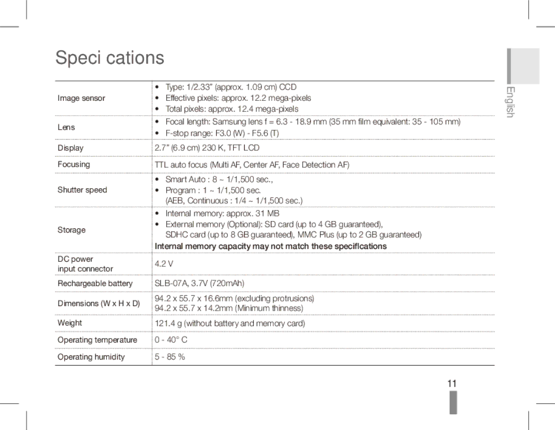 Samsung ST50 quick start manual Specifications 