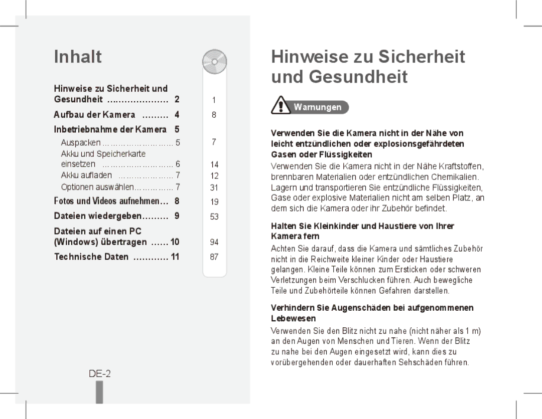 Samsung ST50 quick start manual Inhalt, Hinweise zu Sicherheit und Gesundheit, DE-2, Dateien auf einen PC 