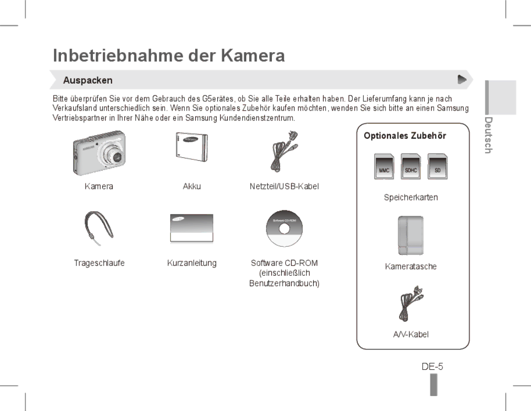 Samsung ST50 quick start manual Inbetriebnahme der Kamera, DE-5, Auspacken, Optionales Zubehör 