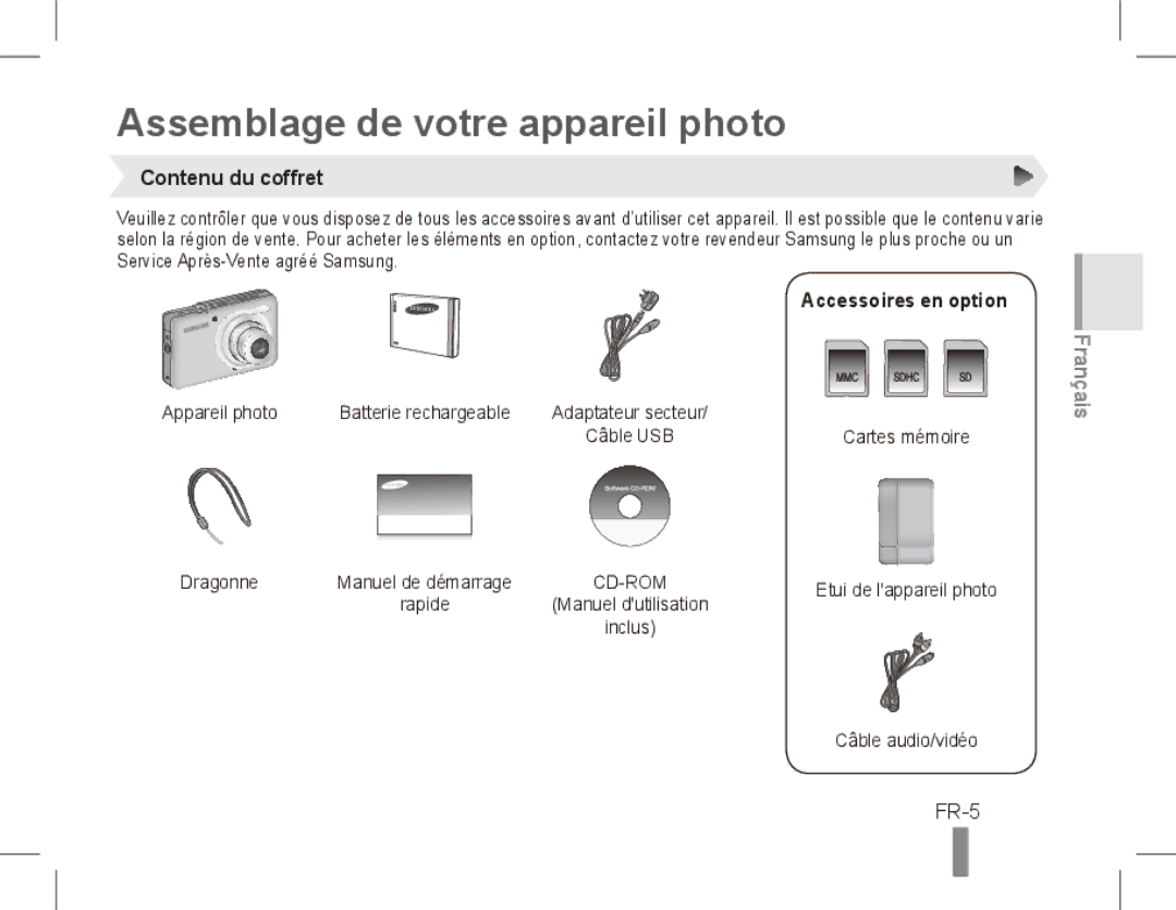 Samsung ST50 quick start manual Assemblage de votre appareil photo, FR-5, Contenu du coffret, Accessoires en option 