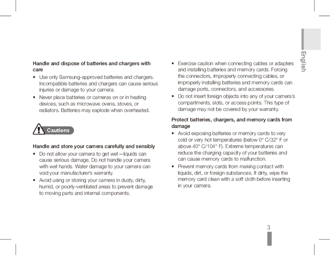 Samsung ST50 quick start manual English, Protect batteries, chargers, and memory cards from damage 