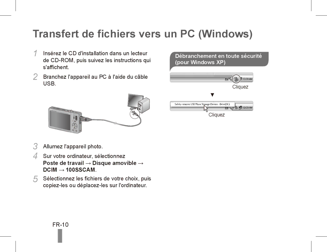 Samsung ST50 Transfert de fichiers vers un PC Windows, FR-10, Saffichent, Débranchement en toute sécurité pour Windows XP 