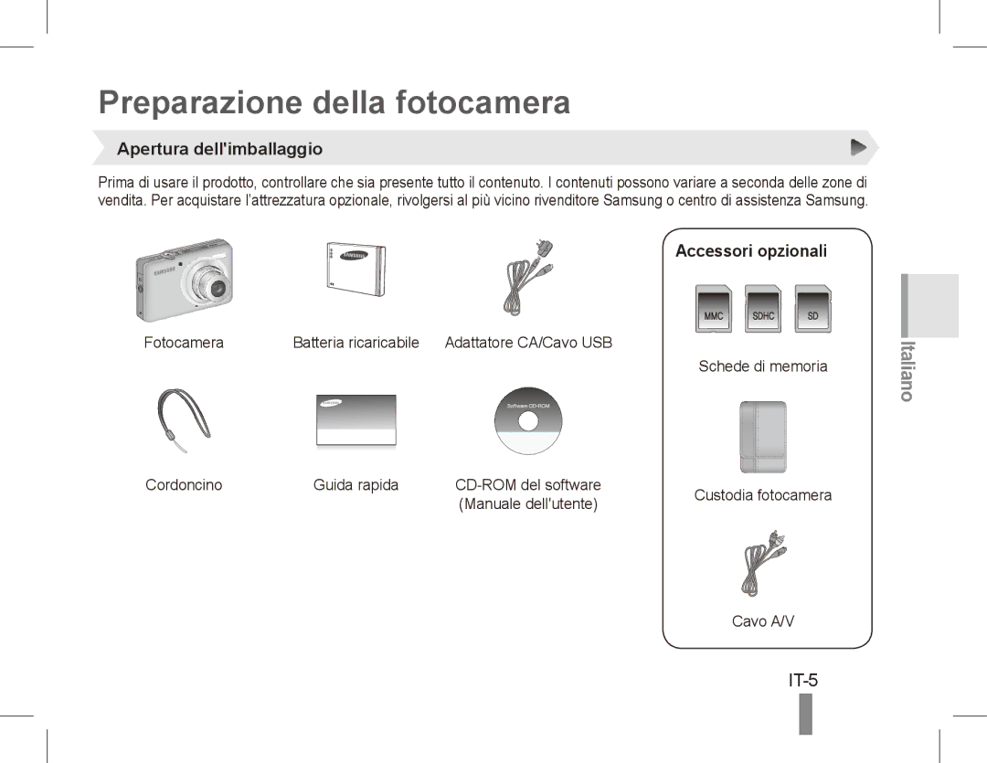 Samsung ST50 quick start manual Preparazione della fotocamera, IT-5, Apertura dellimballaggio, Accessori opzionali 