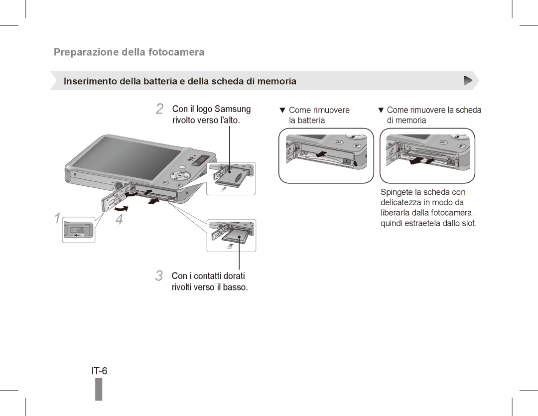 Samsung ST50 quick start manual Preparazione della fotocamera, IT-6, Inserimento della batteria e della scheda di memoria 