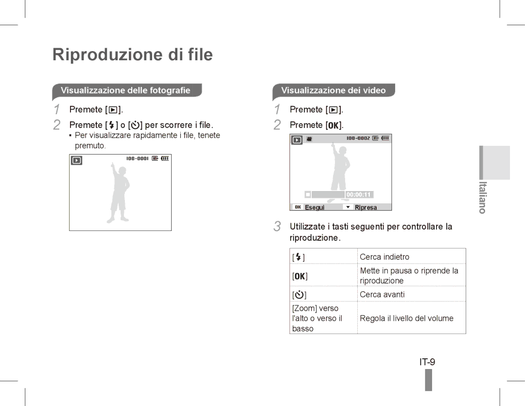 Samsung ST50 quick start manual Riproduzione di file, IT-9, Visualizzazione delle fotografie, Premete Per scorrere i file 