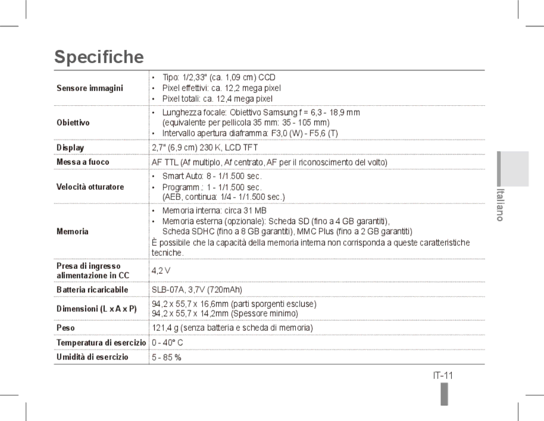 Samsung ST50 quick start manual Specifiche, IT-11 