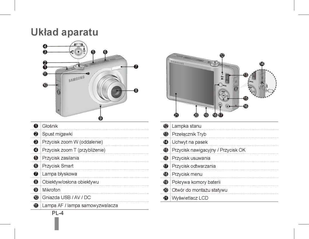 Samsung ST50 quick start manual Układ aparatu, PL-4 