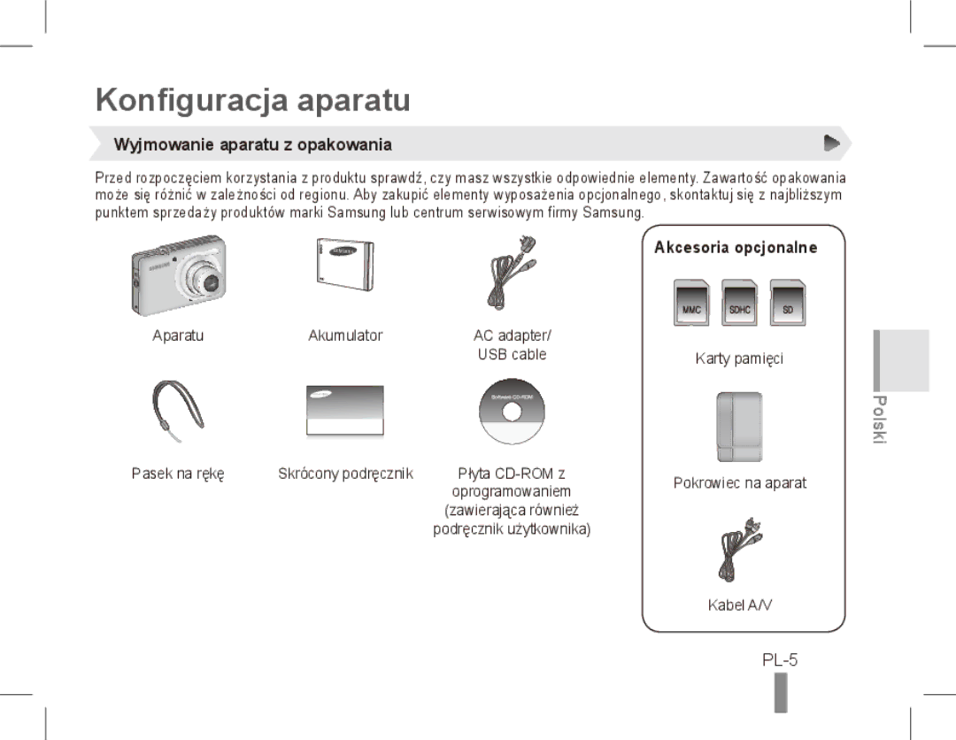 Samsung ST50 quick start manual Konfiguracja aparatu, Polski, PL-5, Wyjmowanie aparatu z opakowania, Akcesoria opcjonalne 