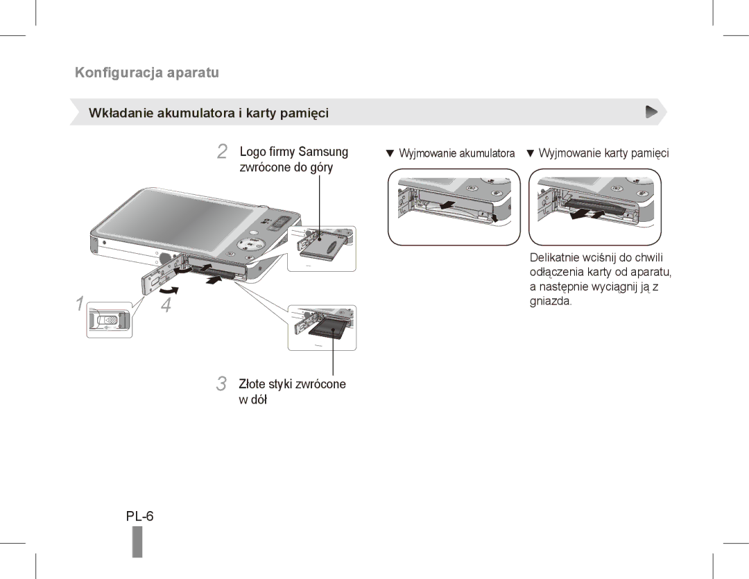 Samsung ST50 quick start manual Konfiguracja aparatu, PL-6, Wkładanie akumulatora i karty pamięci 