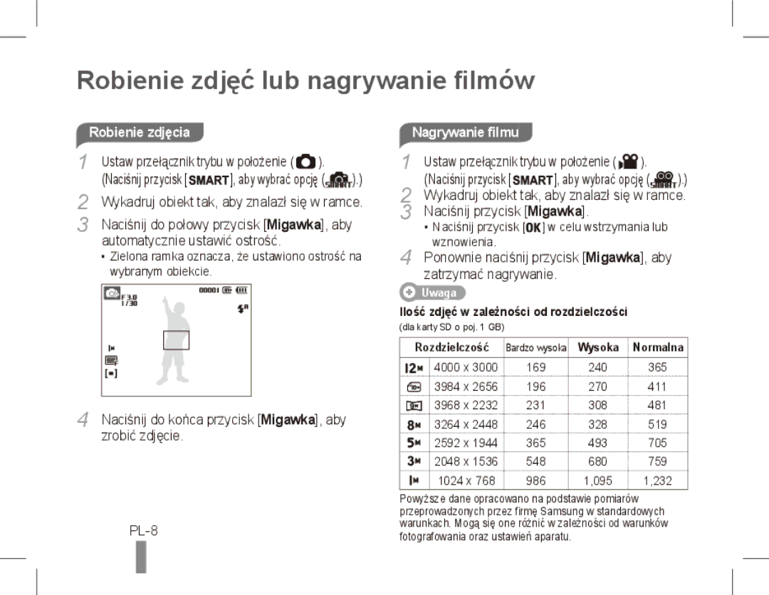 Samsung ST50 quick start manual Robienie zdjęć lub nagrywanie filmów, PL-8, Nagrywanie filmu 