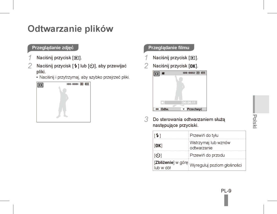 Samsung ST50 quick start manual Odtwarzanie plików, PL-9, Przeglądanie filmu 