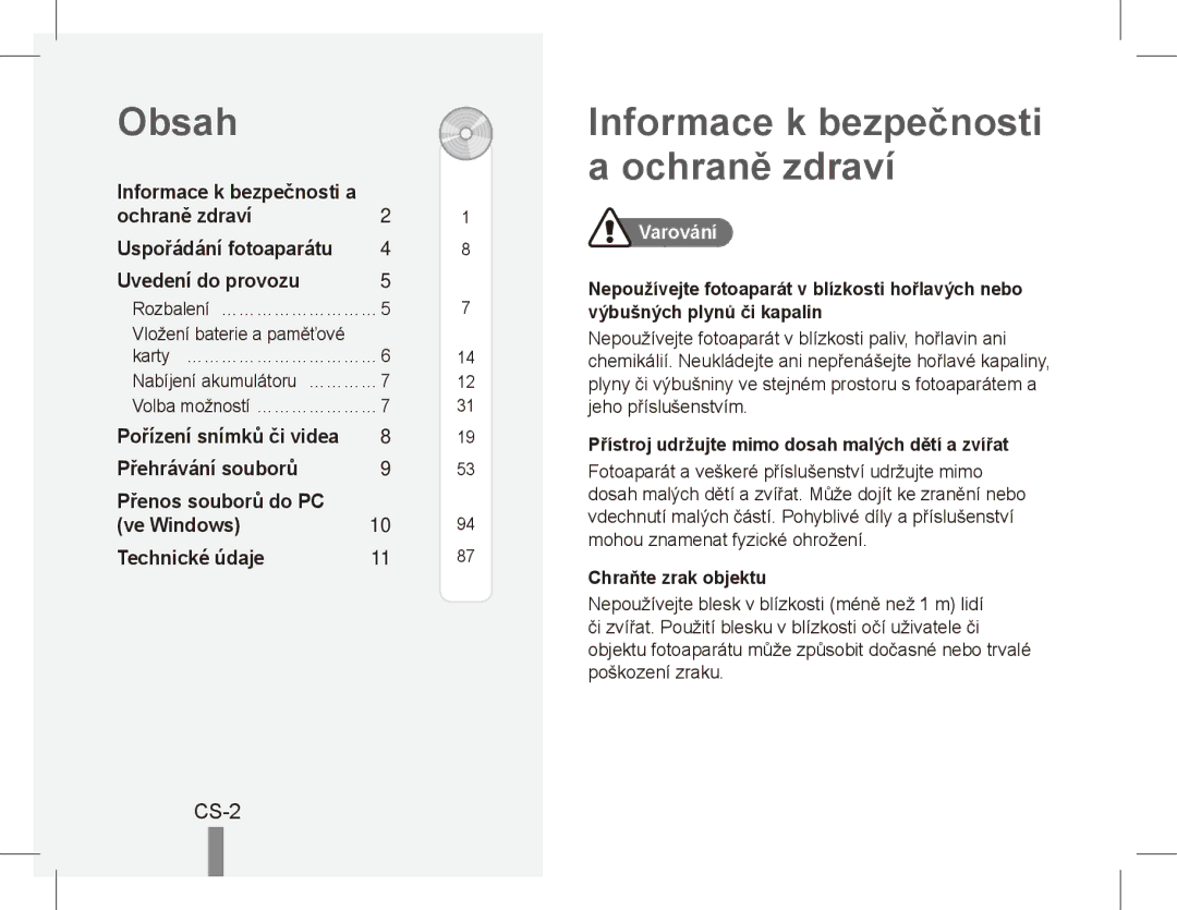 Samsung ST50 quick start manual Obsah, Informace k bezpečnosti a ochraně zdraví, CS-2, Varování 