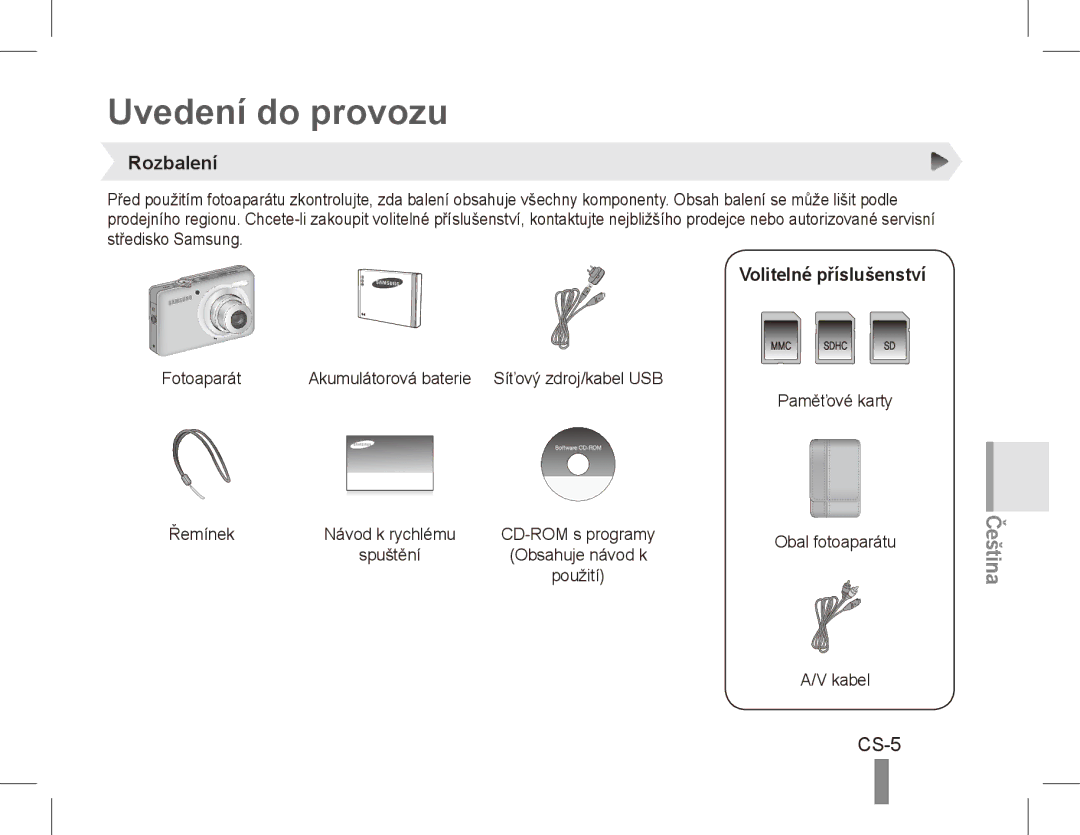 Samsung ST50 quick start manual Uvedení do provozu, CS-5, Rozbalení, Volitelné příslušenství 