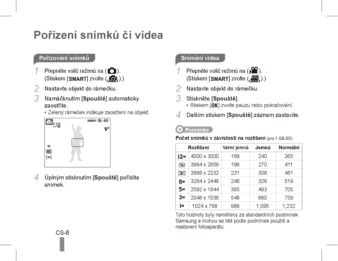 Samsung ST50 quick start manual Pořízení snímků či videa, CS-8, Snímání videa 