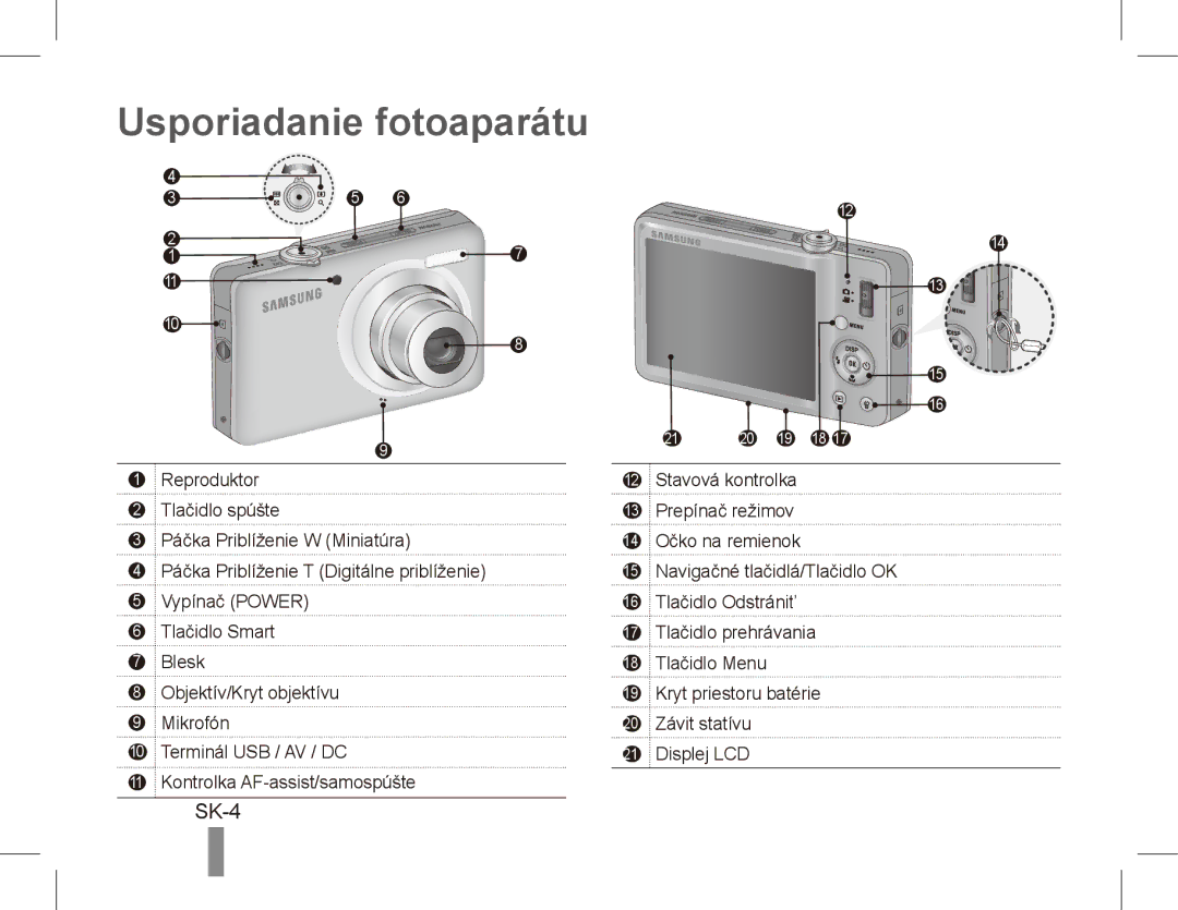 Samsung ST50 quick start manual Usporiadanie fotoaparátu, SK-4 