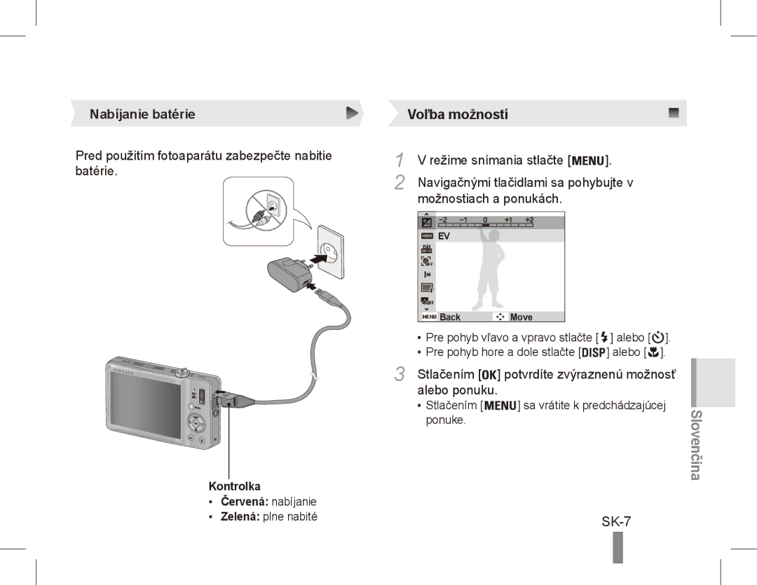 Samsung ST50 quick start manual SK-7, Nabíjanie batérie 