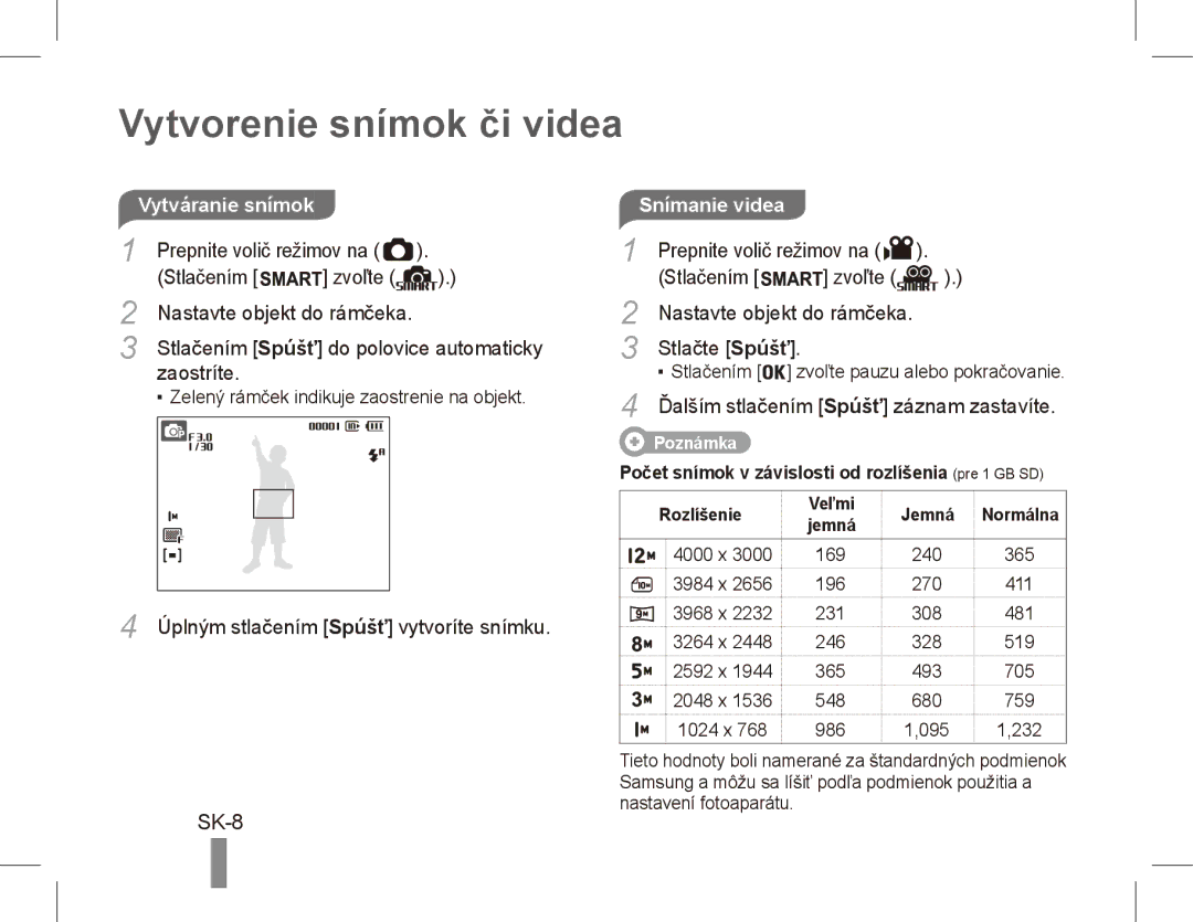 Samsung ST50 quick start manual Vytvorenie snímok či videa, SK-8, Snímanie videa 