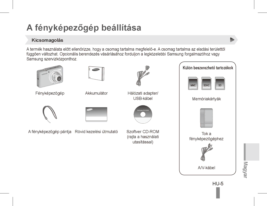 Samsung ST50 quick start manual Fényképezőgép beállítása, HU-5, Kicsomagolás 