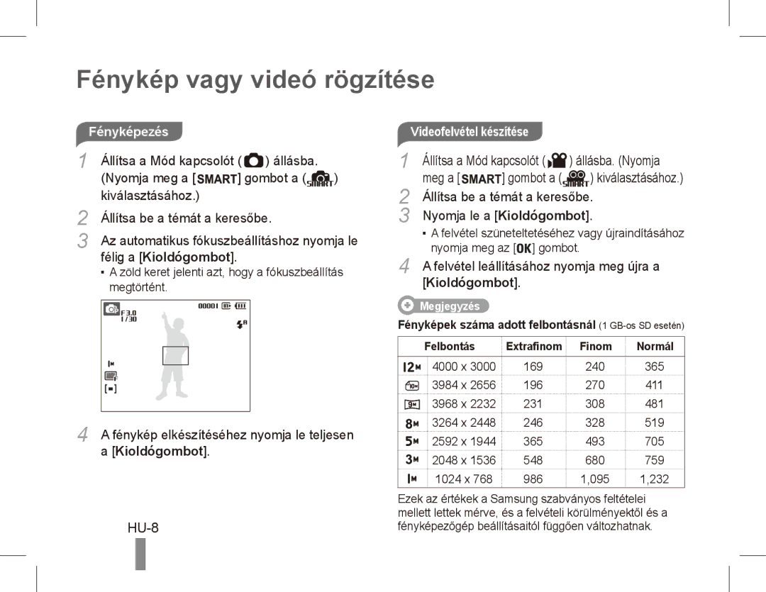 Samsung ST50 quick start manual Fénykép vagy videó rögzítése, HU-8, Kioldógombot, Videofelvétel készítése 