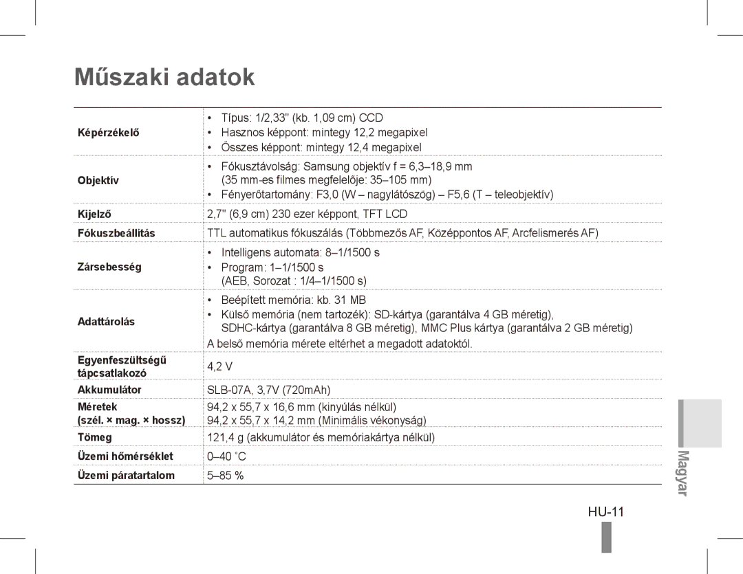 Samsung ST50 quick start manual Műszaki adatok, HU-11, Képérzékelő 