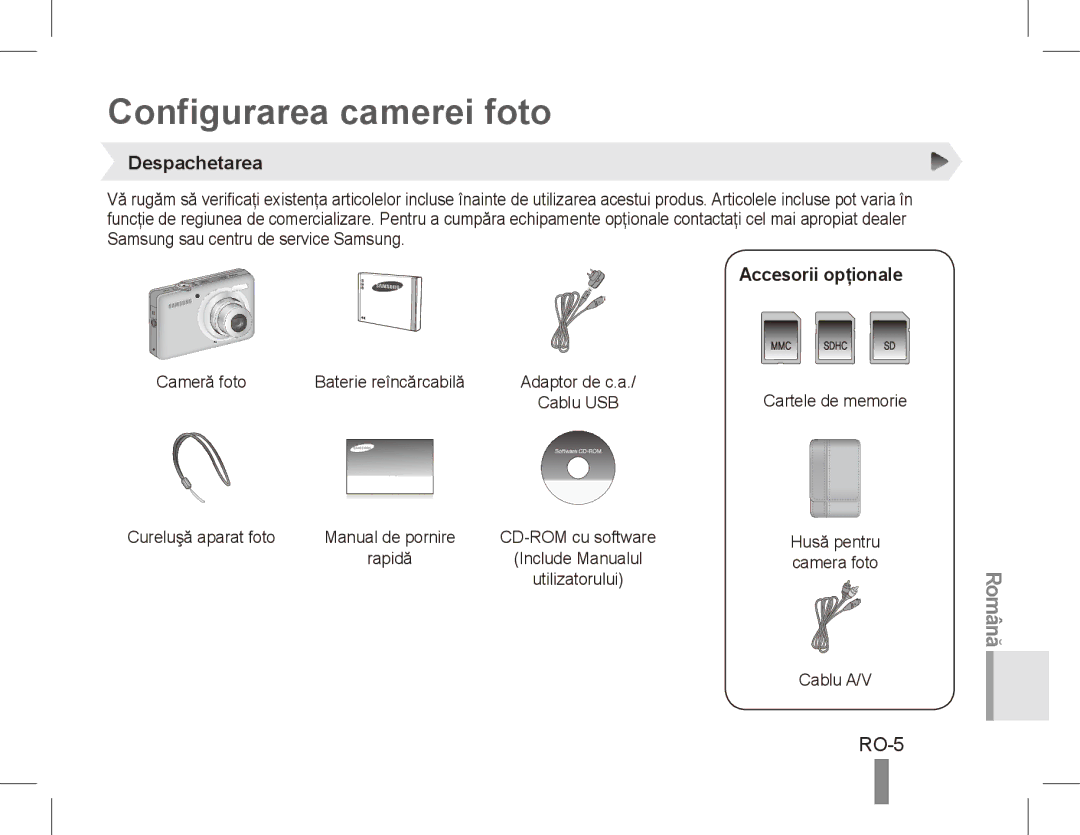 Samsung ST50 quick start manual Configurarea camerei foto, RO-5, Despachetarea, Accesorii opţionale 