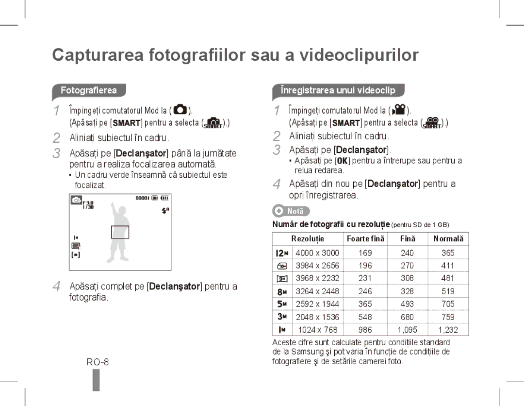 Samsung ST50 quick start manual Capturarea fotografiilor sau a videoclipurilor, RO-8, Înregistrarea unui videoclip 