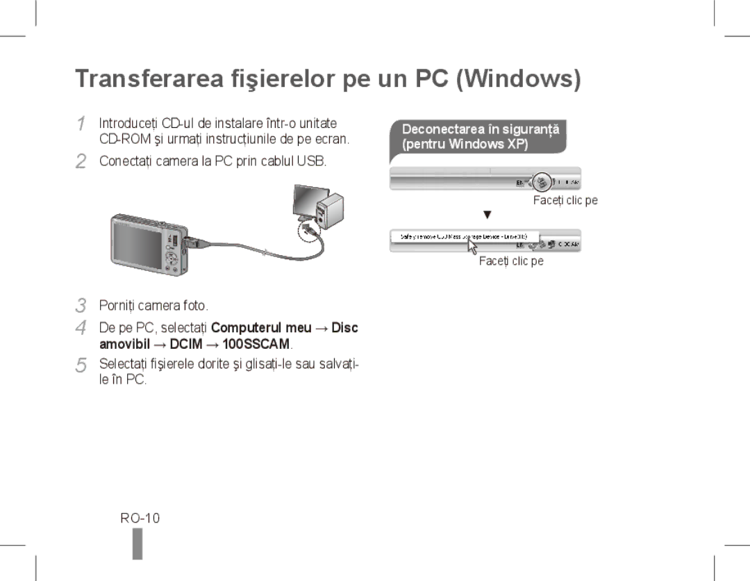 Samsung ST50 Transferarea fişierelor pe un PC Windows, RO-10, Deconectarea în siguranţă pentru Windows XP 