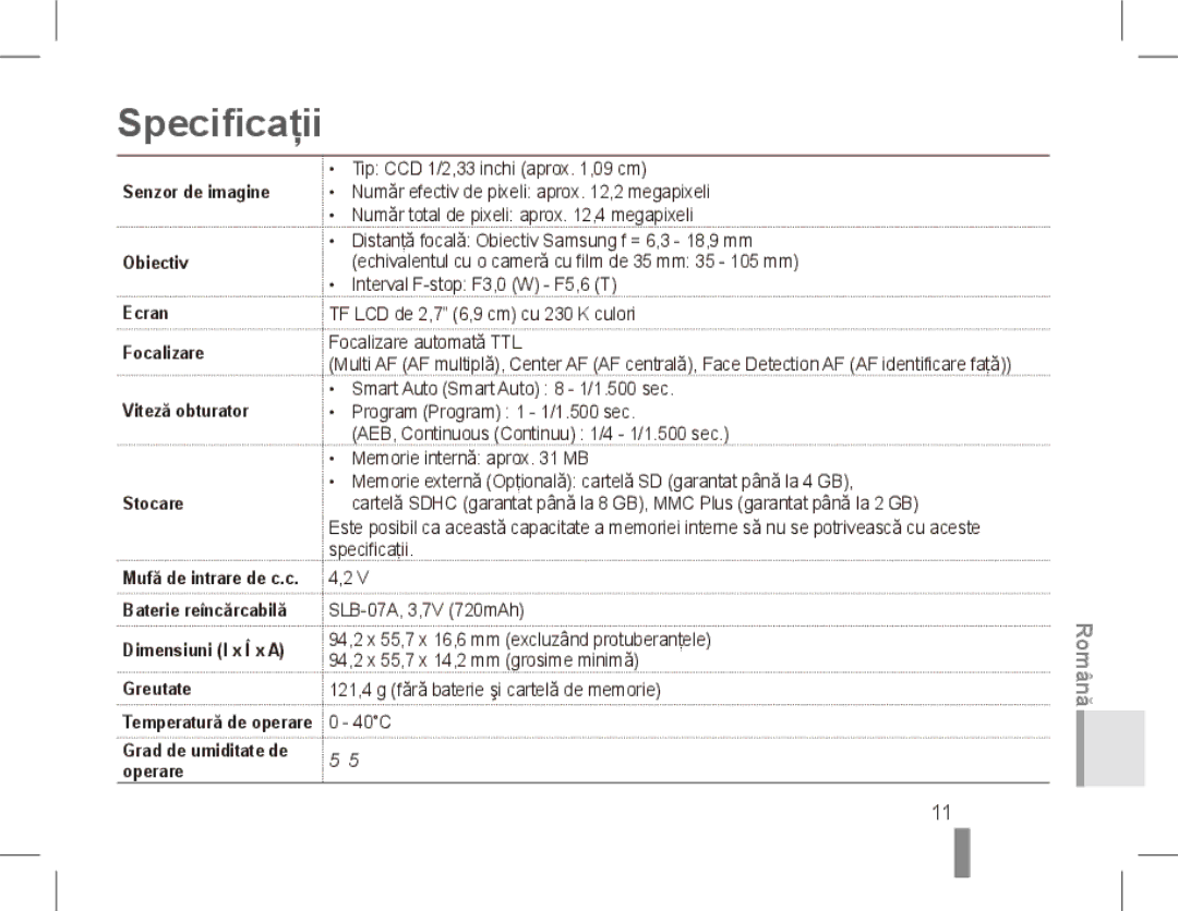 Samsung ST50 quick start manual Specificaţii, RO-11 