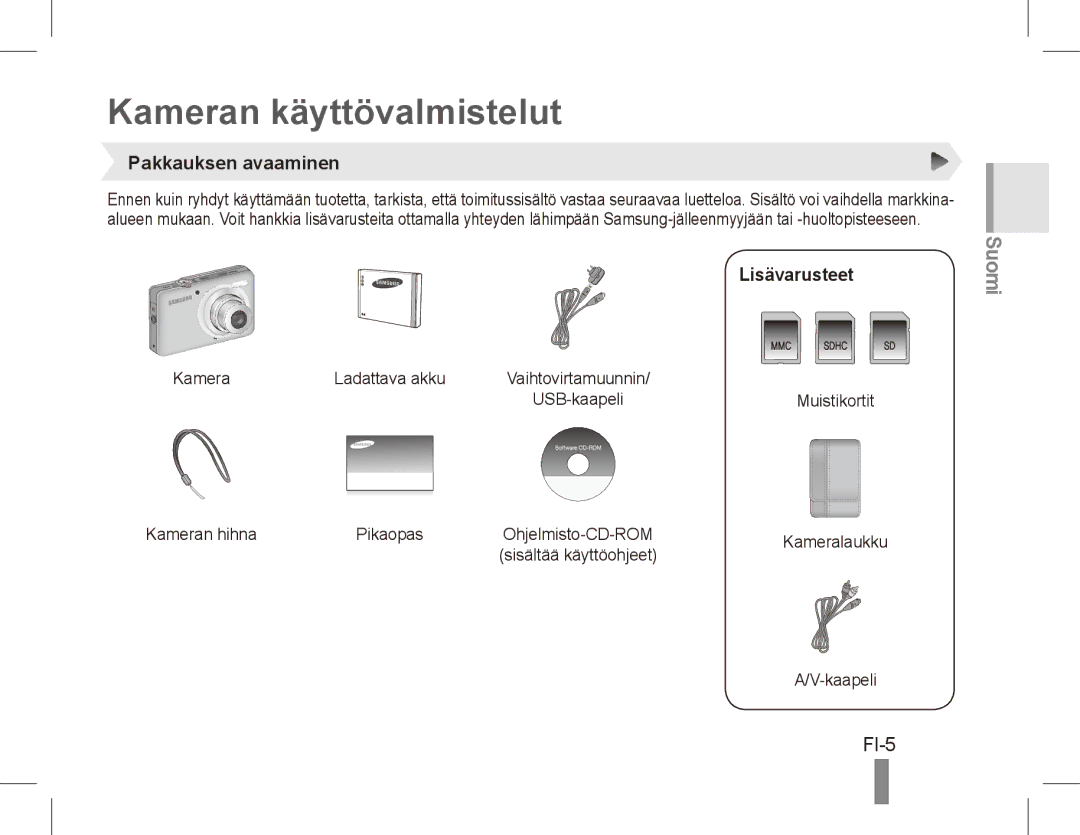 Samsung ST50 quick start manual Kameran käyttövalmistelut, FI-5, Pakkauksen avaaminen, Lisävarusteet 