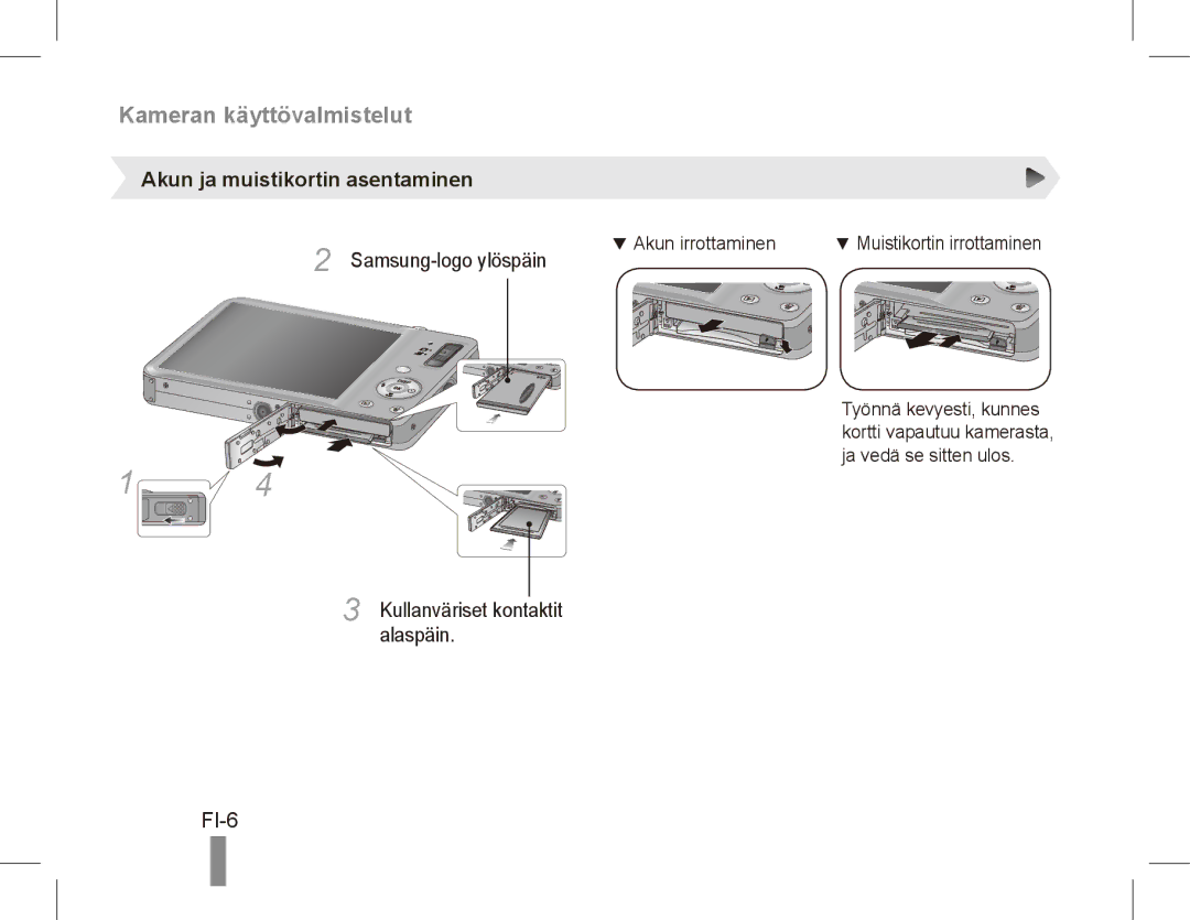 Samsung ST50 FI-6, Akun ja muistikortin asentaminen, Samsung-logo ylöspäin, Kullanvärisetalaspäin. kontaktit 