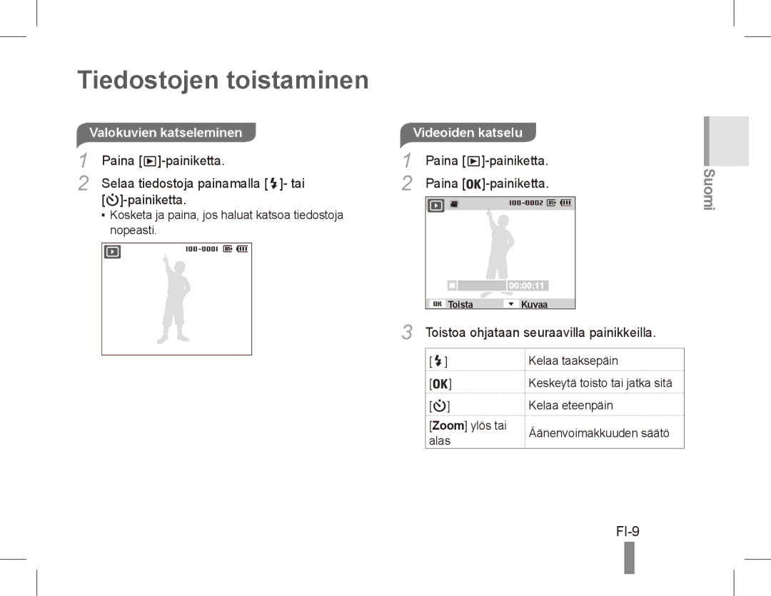 Samsung ST50 quick start manual Tiedostojen toistaminen, FI-9, Valokuvien katseleminen, Paina -painiketta 