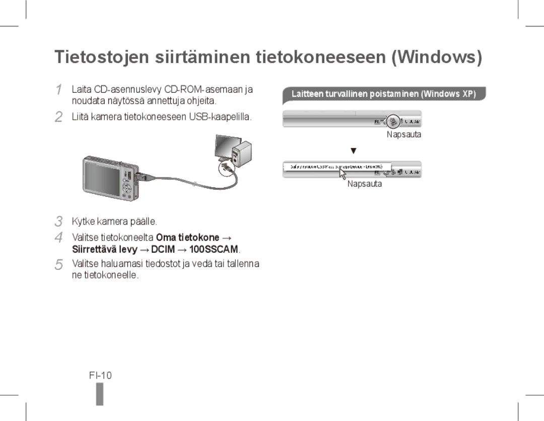 Samsung ST50 Tietostojen siirtäminen tietokoneeseen Windows, FI-10, Laitteen turvallinen poistaminen Windows XP 